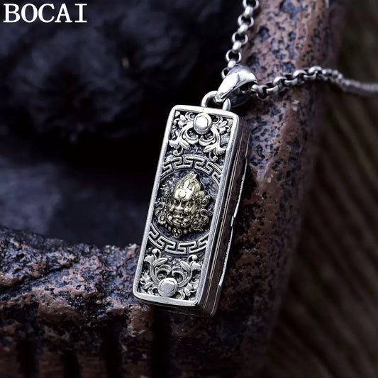 BOCAI NEW S925 Sterling Silver Retro Personality Yellow God Of Wealth Harmonica Pendant