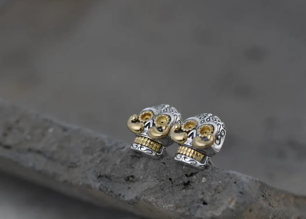 Real S925 Silver Jewelry Retro Thai Fashion Punk Style Long Beard Skull Earrings for Men