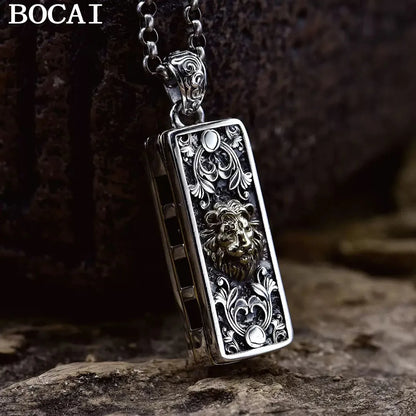 BOCAI NEW S925 Sterling Silver Retro Punk Can Blow Domineering Lion Harmonica Pendant