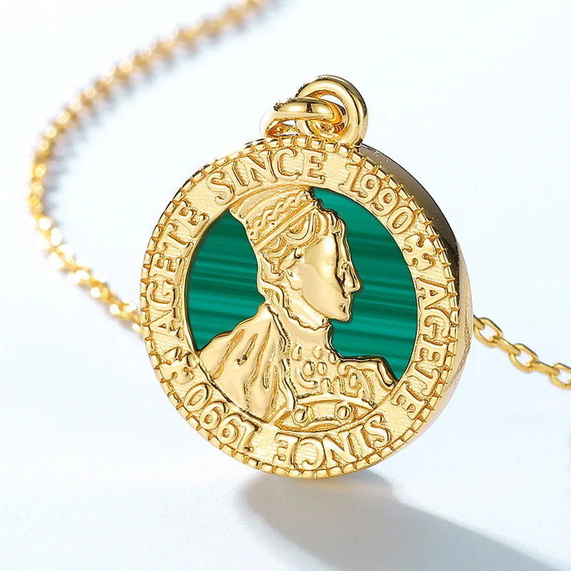 New Antique Coin Portrait Necklace for Women, Vintage Turquoise 18K Gold PT950 Platinum Silver Plated 7-layer Gold Pendant