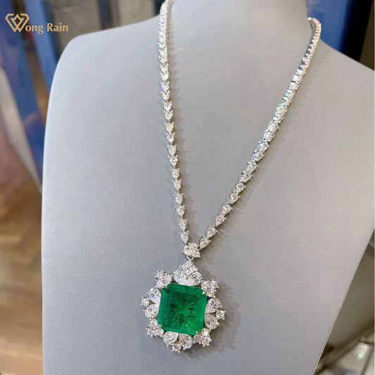 Wong Rain Vintage 100% 925 Sterling Silver Emerald High Carbon Diamond Gemstone Pendant Necklace Fine Jewelry Anniversary Gifts
