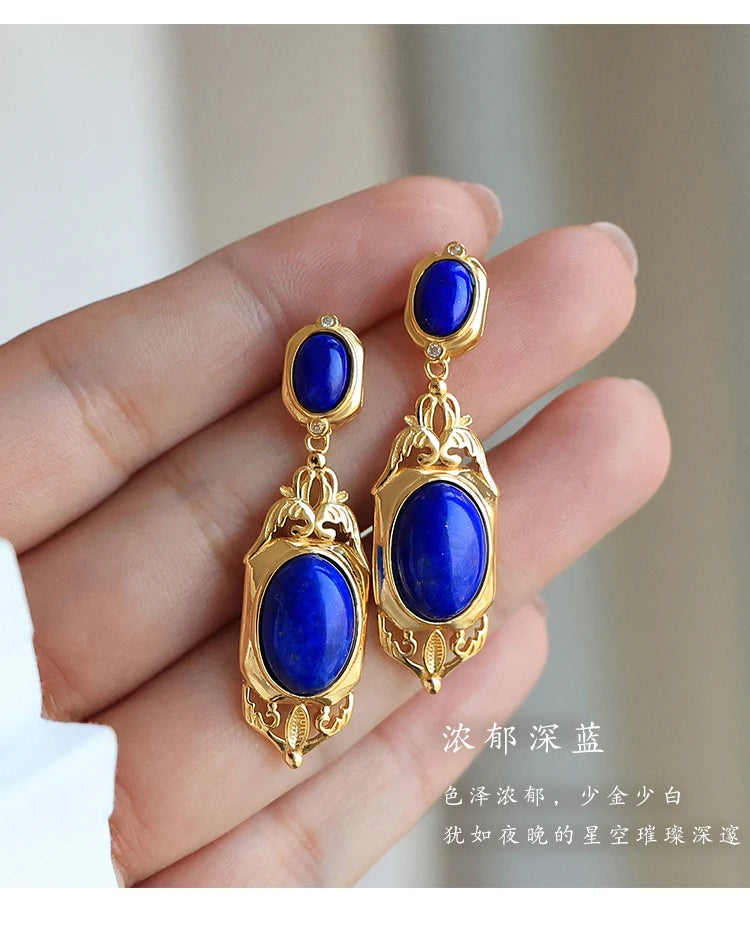 Natural Lapis Lazuli Earrings S925 Sterling Silver Gold-plated Retro French High-end Niche Blue Classical Earrings