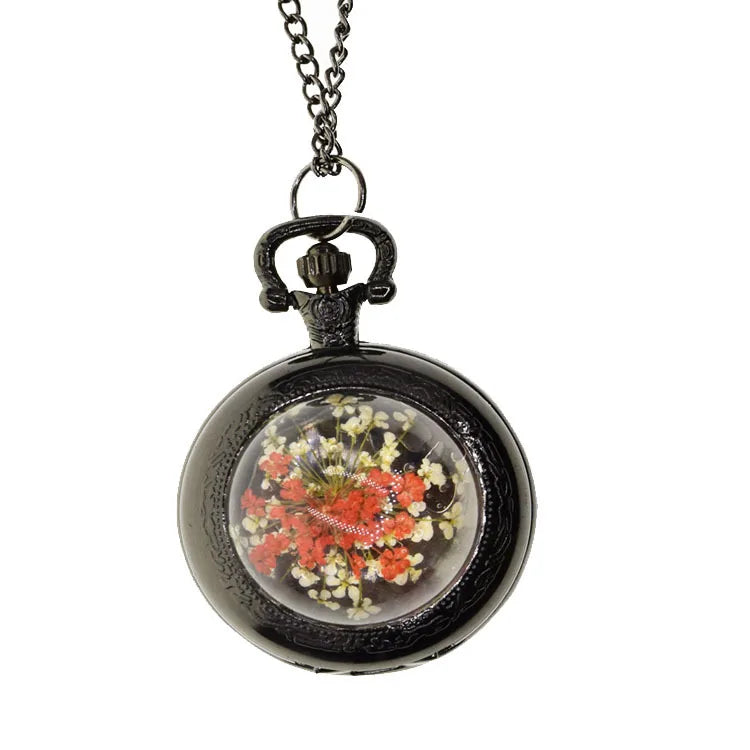 Fashionable Crystal Flower Style Antique Vintage Quartz Pocket Watch Round Case Pendant Necklace Chain Clock For Men Women