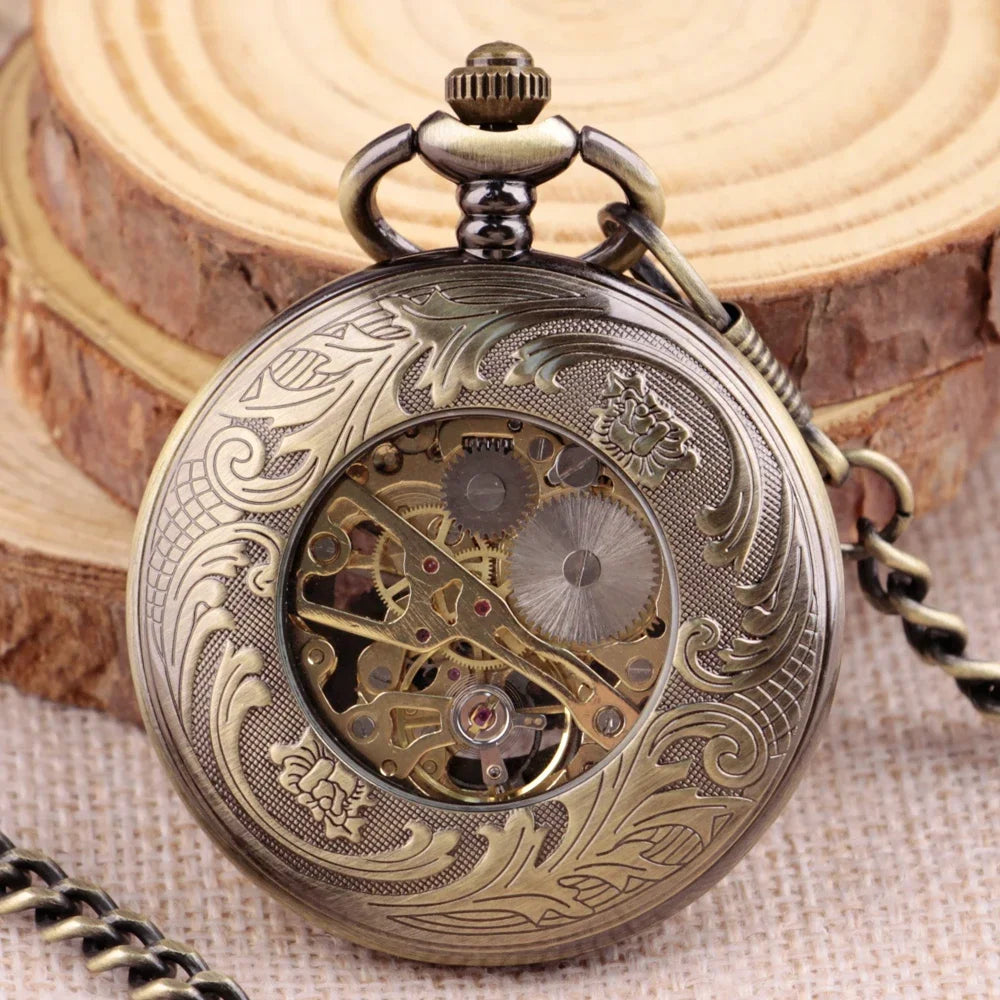 Antique Hollow Roman Number Gear Wheel Design Mechanical Pocket Watch Retro Pendant Clock Gifts for Men Women