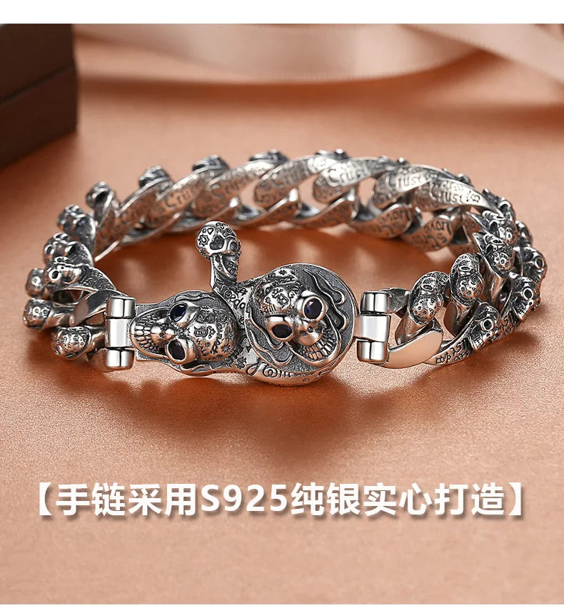 European and American S925 Sterling Silver Retro Skull Bracelet for Men, Trendy Hip-Hop Punk Bold Silver Bangle