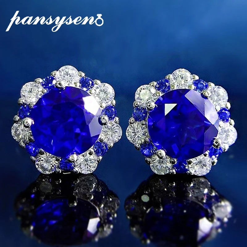 PANSYSEN Vintage 100% 925 Sterling Silver 8MM 2CT Flower Lab Sapphire Diamond Stud Earrings for Women Party Fine Jewelry Gift