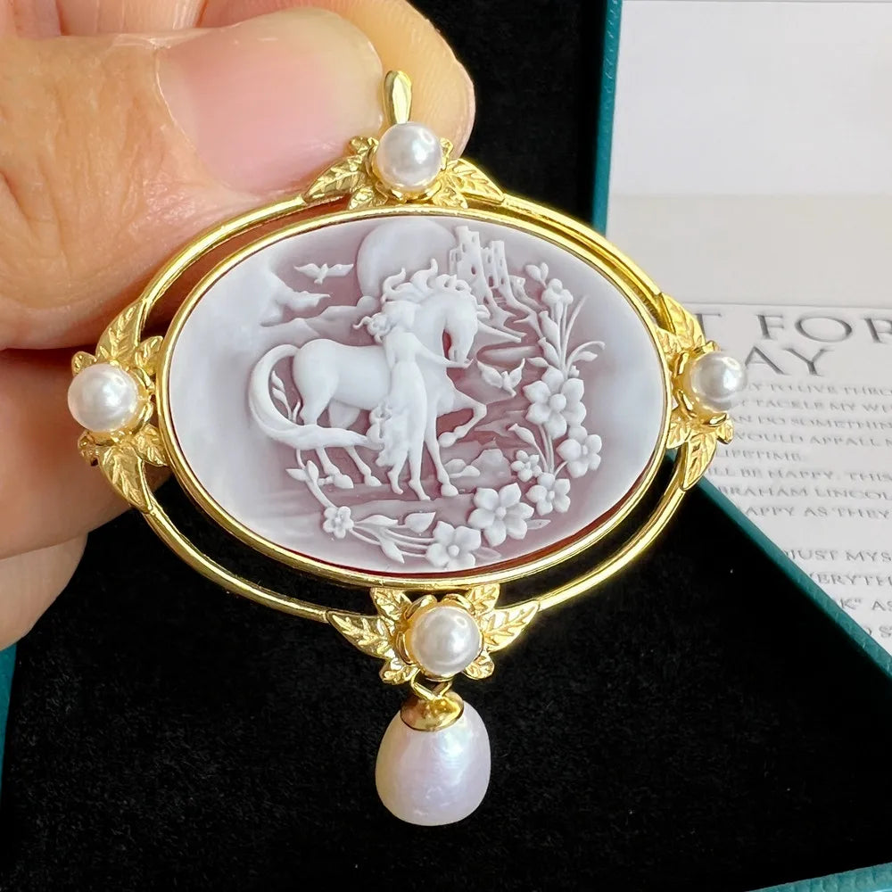 925 Sterling Silver Cameo Charms & Pendant Natural Agate Horse Pendant for Jewelry Making