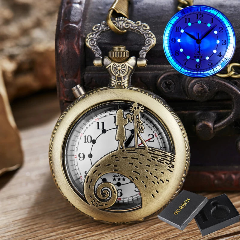 Luminous Blue Led Flash Necklace Vintage Clock Unique Bronze/silver/gold Train Locomotive Engine Noctilucent Quartz Pocket Watch
