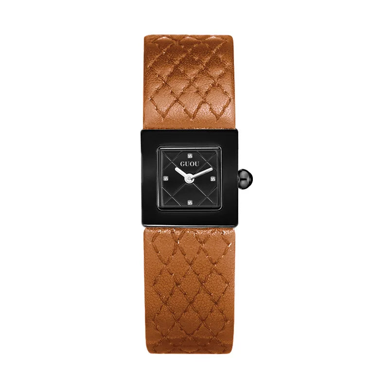Guou Women Quartz Watch Luxury Clock Fashion Vintage Orologio Retro Classic Black Gold Square Reloj Ladies Leather Wrist Watches