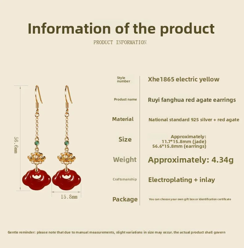 Red Agate Silver Plated Small Flower Good Luck Longevity Lock Agate Earrings Vintage Style for Cheongsam Hanfu Retro Aesthetic