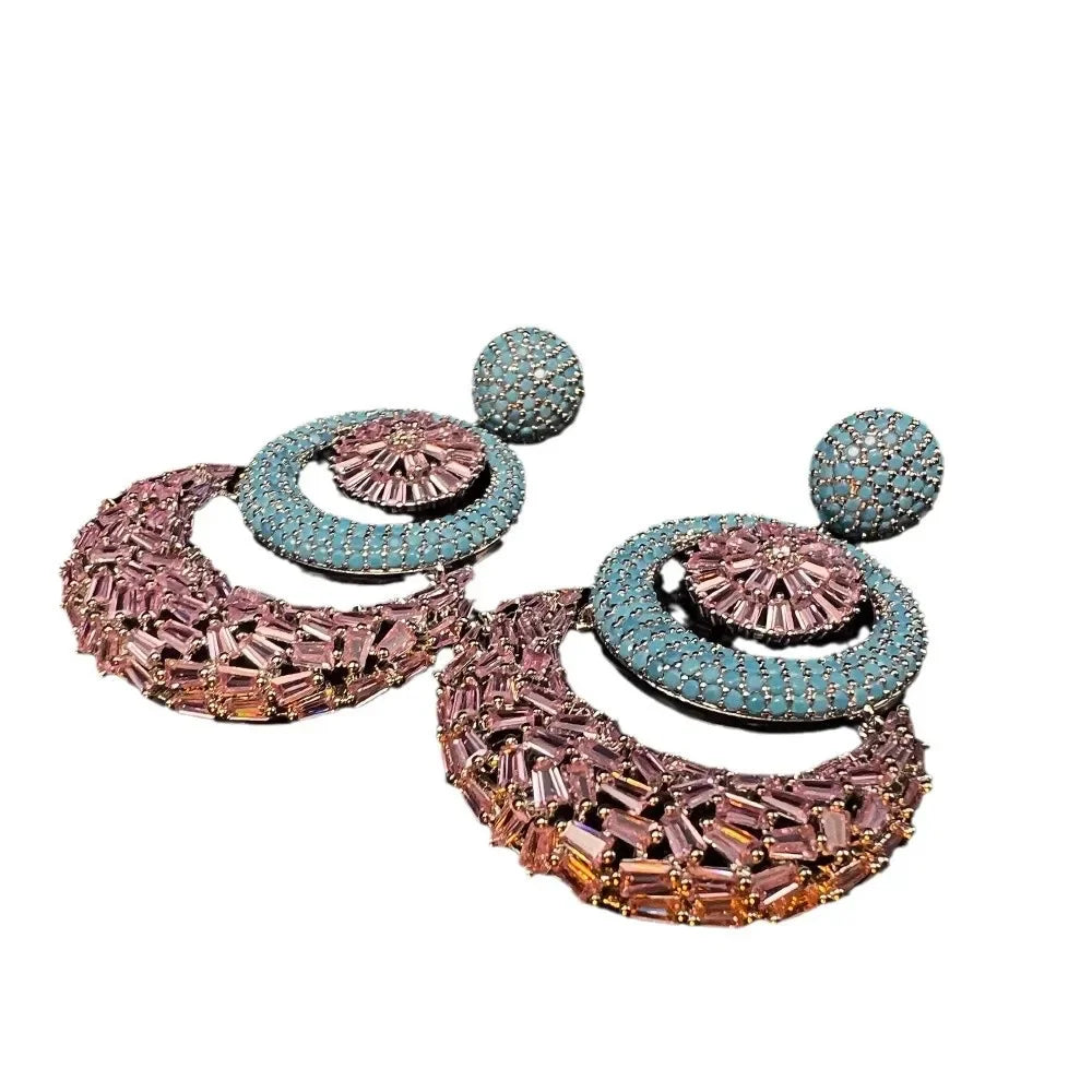 Exaggerated Vintage High-End 925 Sterling Silver Copper Embedded Diamond Plated Rhodium Geometric Fan Earrings Indian Pakistani