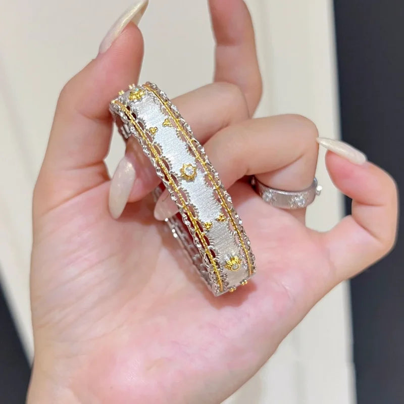 BELLUX 925 Silver Synthetic Zircon Bracelet Wide Edition Gold Sunflower Brushed Light Luxury Vintage Bangle