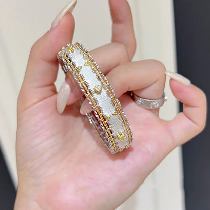 BELLUX 925 Silver Synthetic Zircon Bracelet Wide Edition Gold Sunflower Brushed Light Luxury Vintage Bangle