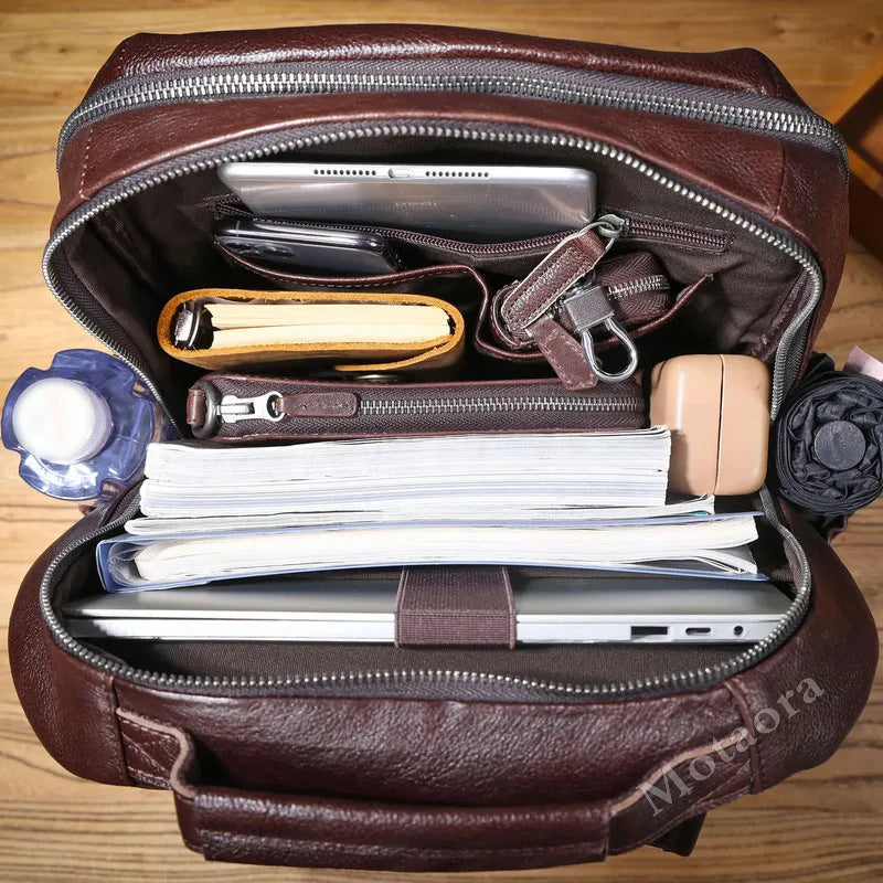 Men's Leather Backpack Laptop Travel Bag, Full-Grain Cowhide Large Capacity Workbag with YKK Zippers - Handcrafted Soft Touch