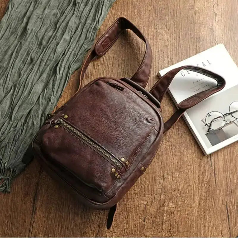 MOTAORA Retro Cowhide Backpack for Women & Men - Luxury Large Capacity Travel Bag with YKK Zippers and Copper Rivet Accents NEW