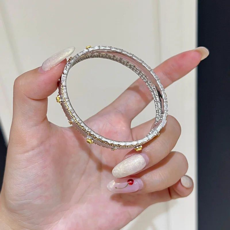 BELLUX 925 Silver Synthetic Zircon Bracelet Wide Edition Gold Sunflower Brushed Light Luxury Vintage Bangle