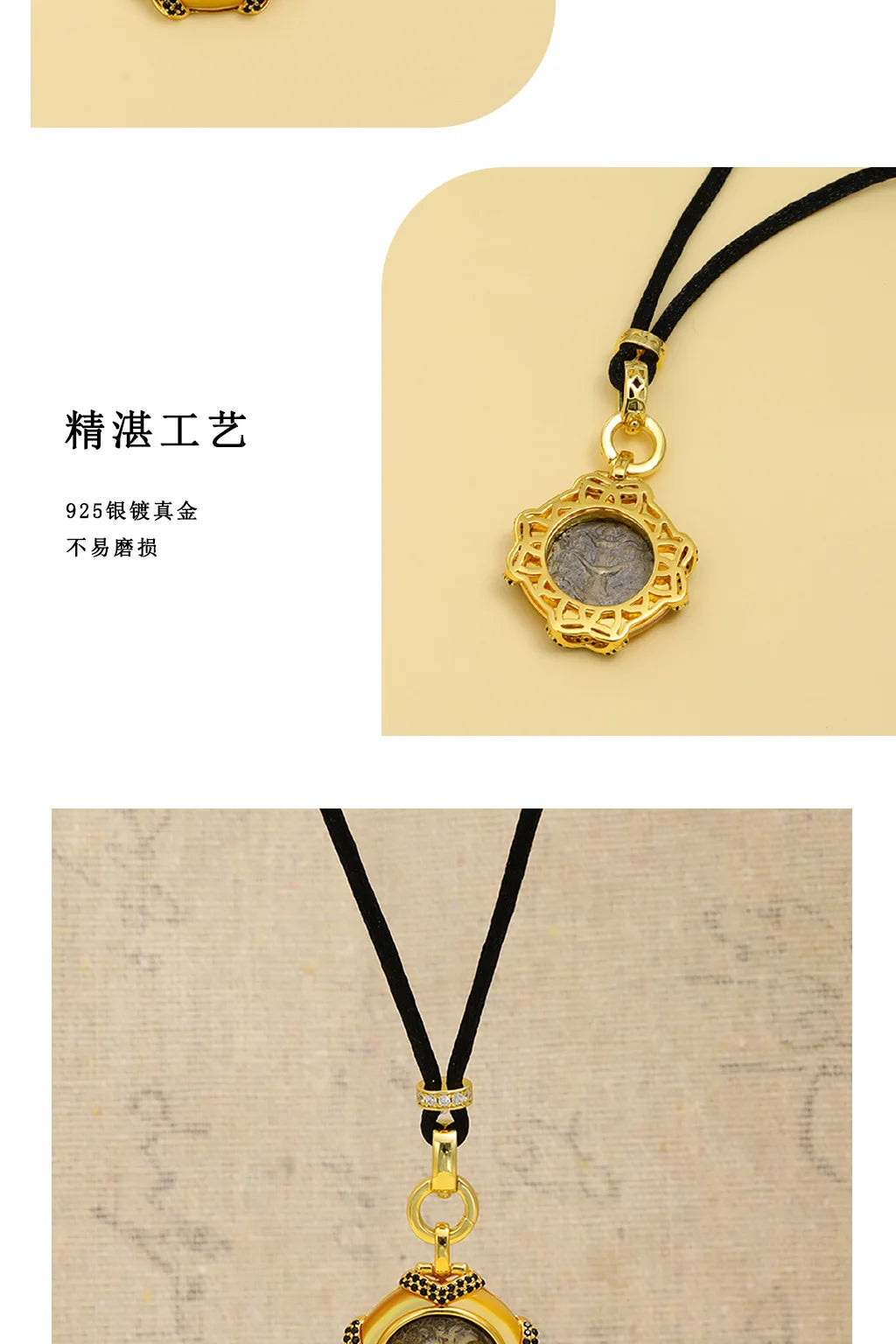 s925Silver Plated Ancient Greek Horn Emperor Ancient Coin Necklace Pendant Replica God King Zeus Heavy Craft Inlaid Mother-of-Pe