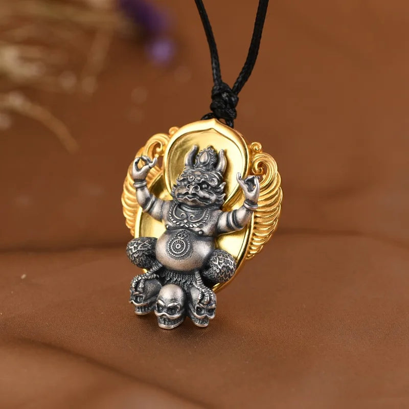 S925 Silver Pendant Necklace, Vintage Gold Flame Skull Men's Garuda Bird Chain, Gothic Statement Jewelry Gift for Men