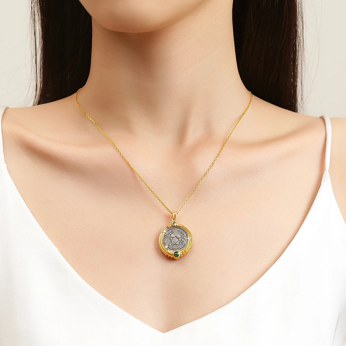 Silver Ancient Coin with Lion's Head 18K Gold Necklace Pendant Fine Sculpture Original Design for Man Women Vintage Jewelry