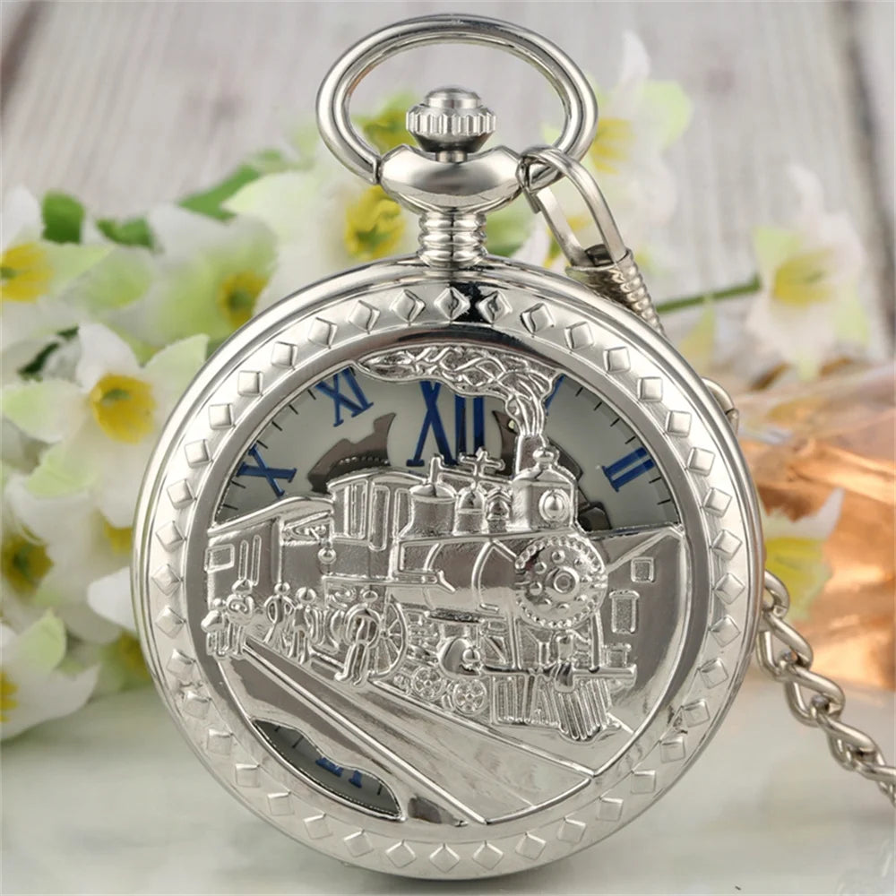 Steampunk Vintage Train Pattern Mechanical Hand-wind Pocket Watch Red Copper Pendant Antique Clock Manual Mechanism Timepiece