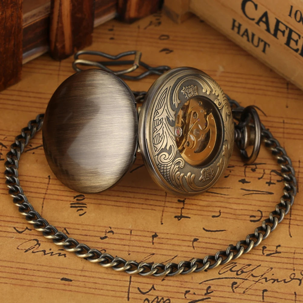 Mechanical Automatic Copper Smooth Pocket Watch Luminous Design Steampunk Fob Clock with Chain Gift for Men Relogio De Bolso