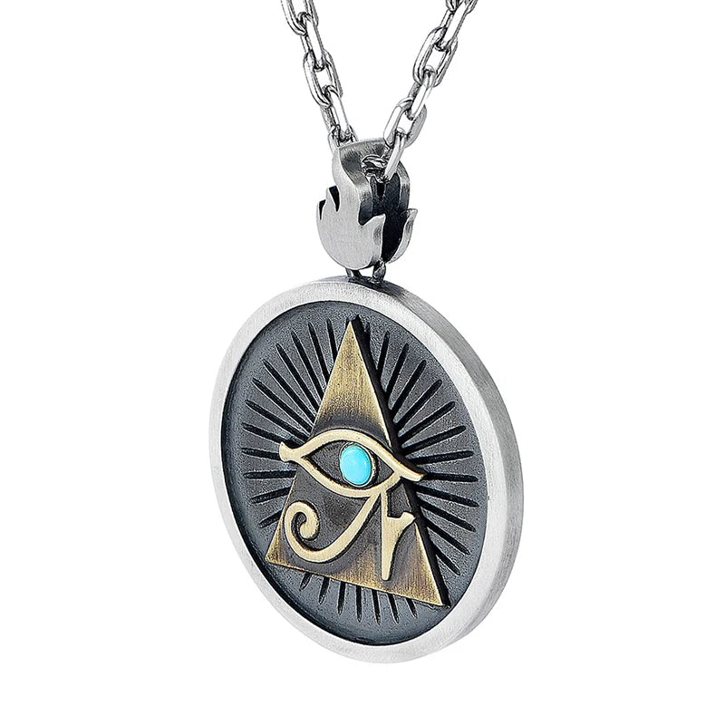 Necklace Pendant Real 925 Sterling Silver Men Eye Of God Horus Inlaid Turquoise Vintage Jewelry Free Dropshipping P28