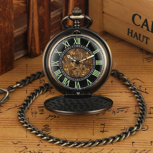 Mechanical Automatic Copper Smooth Pocket Watch Luminous Design Steampunk Fob Clock with Chain Gift for Men Relogio De Bolso