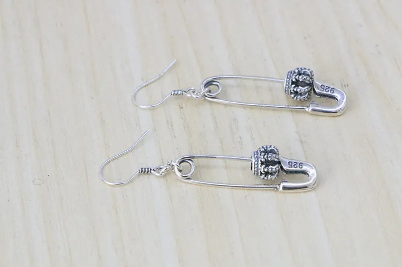 Hip hop Personality Korean Street Sterling Silver Pins Crown Earrings Female Retro Exaggerated Thai Silver Long Earrings Origina