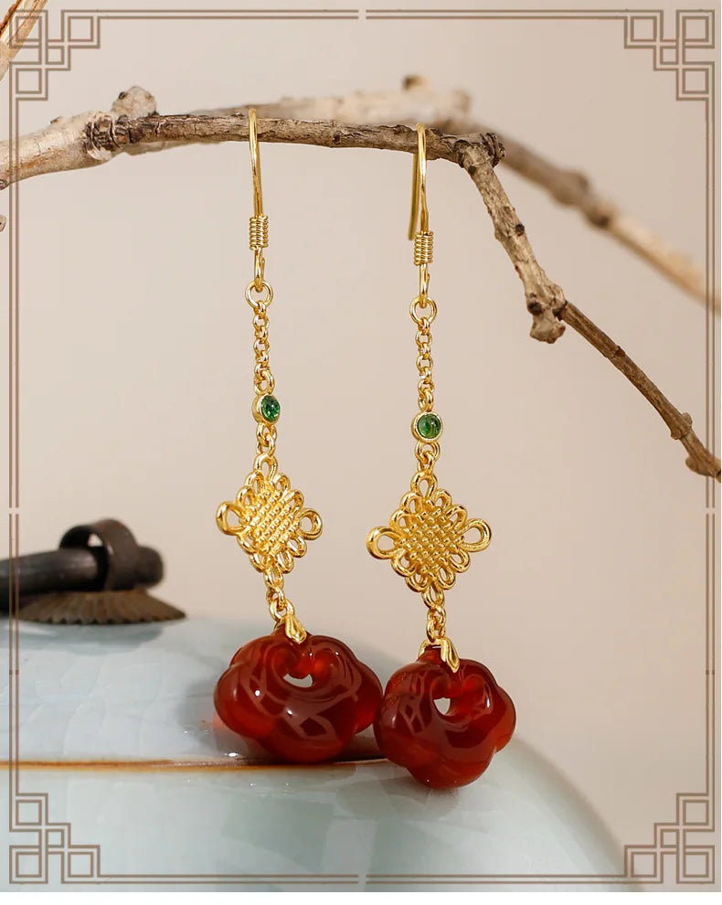 Red Agate Silver Plated Small Flower Good Luck Longevity Lock Agate Earrings Vintage Style for Cheongsam Hanfu Retro Aesthetic
