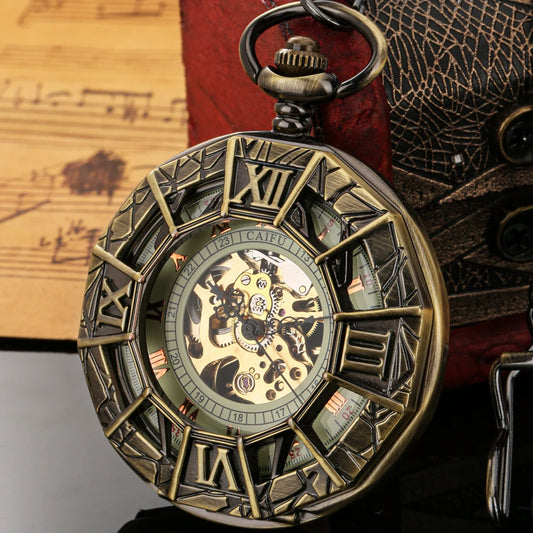 Vintage Bronze Roman Numerals Manual Mechanical Pocket Watch Men Antique Gifts Cool Spider Pattern Back Cover Pocket Clock Man