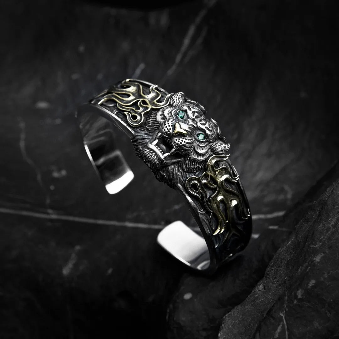 Retro national trend tiger year niche Seiko solid design Sterling Silver 925 domineering tiger bracelet for men