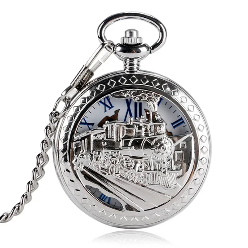 Old Fashion Men Women Mechanical Handwinding Pocket Watch Locomotive Hollow Train Skeleton Clock Pendant FOB Chain reloj Gift
