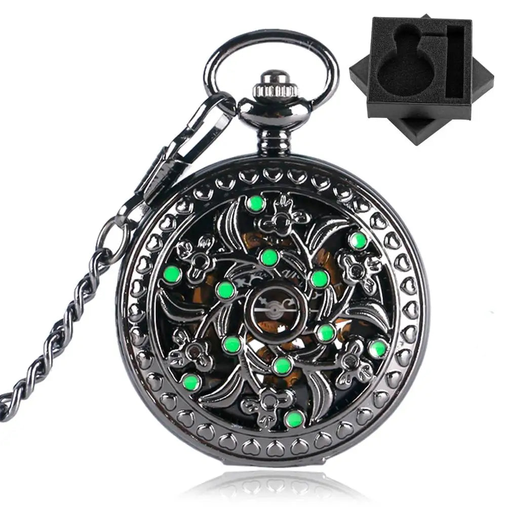 Men's Black Flower Green Dots Decor Mechanical Hand Winding Pocket Watch 30 cm Fob Chain Pendant Timepiece Antique Stylish Gift