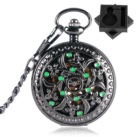 Men's Black Flower Green Dots Decor Mechanical Hand Winding Pocket Watch 30 cm Fob Chain Pendant Timepiece Antique Stylish Gift