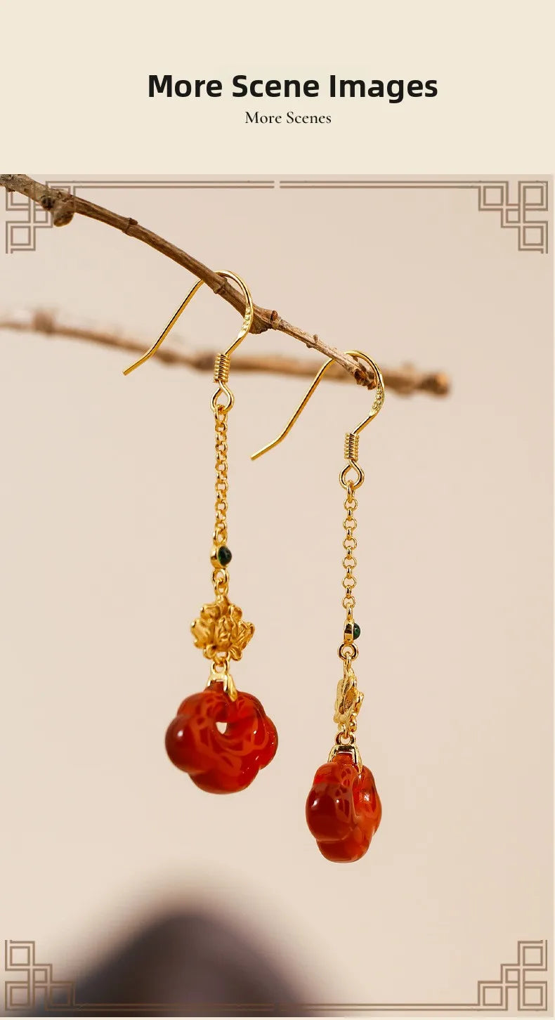 Red Agate Silver Plated Small Flower Good Luck Longevity Lock Agate Earrings Vintage Style for Cheongsam Hanfu Retro Aesthetic