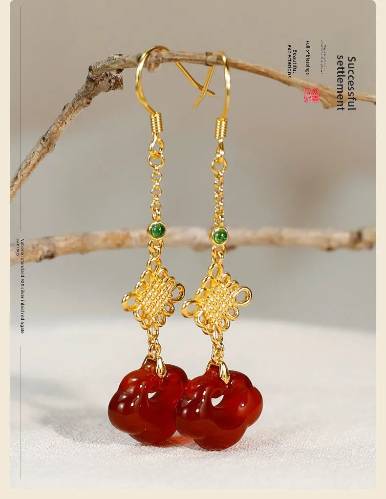 Red Agate Silver Plated Small Flower Good Luck Longevity Lock Agate Earrings Vintage Style for Cheongsam Hanfu Retro Aesthetic