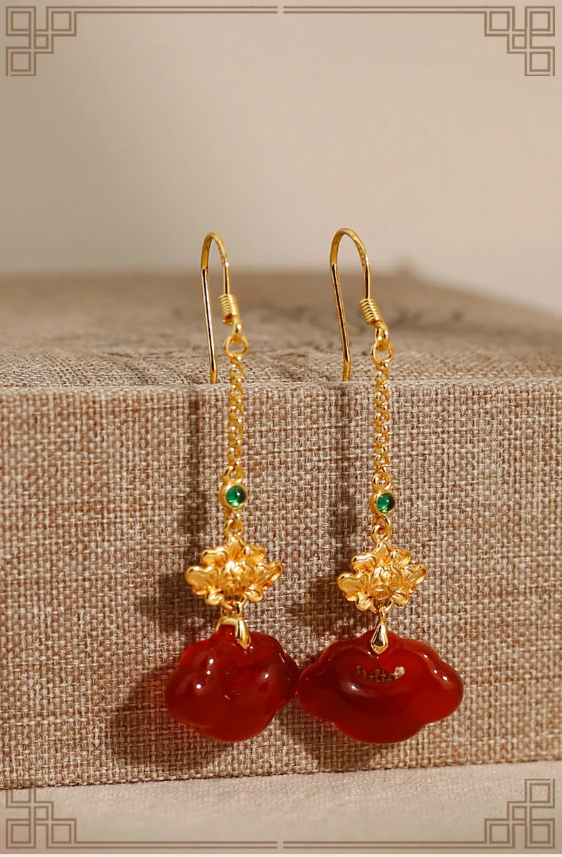 Red Agate Silver Plated Small Flower Good Luck Longevity Lock Agate Earrings Vintage Style for Cheongsam Hanfu Retro Aesthetic