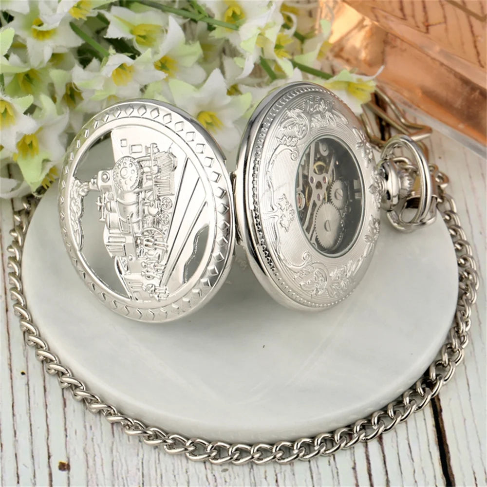 Steampunk Vintage Train Pattern Mechanical Hand-wind Pocket Watch Red Copper Pendant Antique Clock Manual Mechanism Timepiece