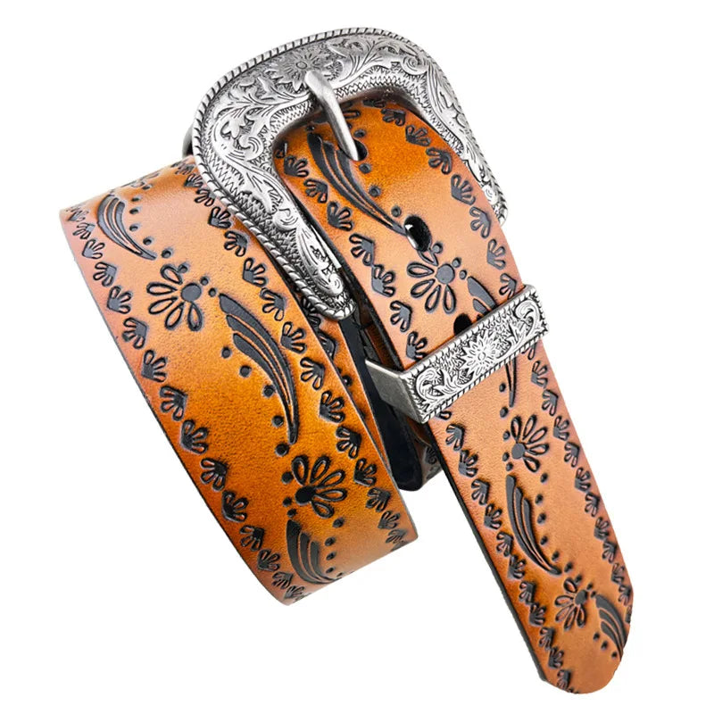 Punk retro embossed first layer cowhide belt, national personality  literary fashion bohemian port style men's and women's belt