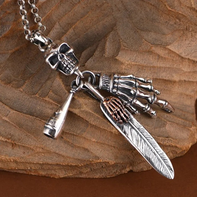 BOCAI New S925 Silver Retro Personalized Trendy Hip Hop Skull Feather Bone Claw Bowling Bottle Men's Pendant