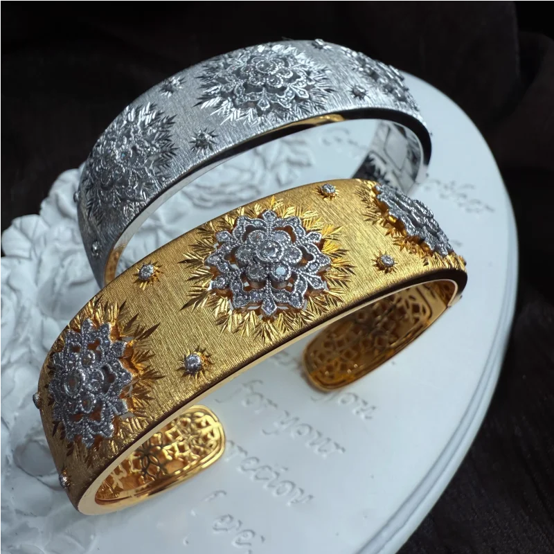 BELLUX S925 Silver Plated K Gold Vintage Texture-Engraved Gold Hollow Wide Fine Jewelry Open Bracelet