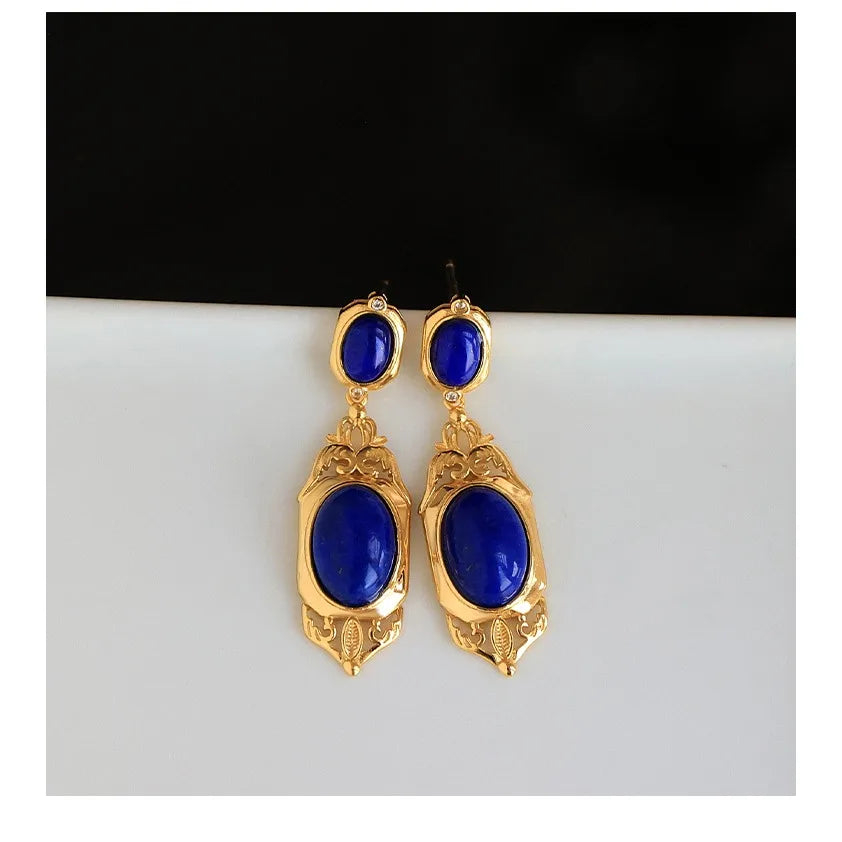 Natural Lapis Lazuli Earrings S925 Sterling Silver Gold-plated Retro French High-end Niche Blue Classical Earrings