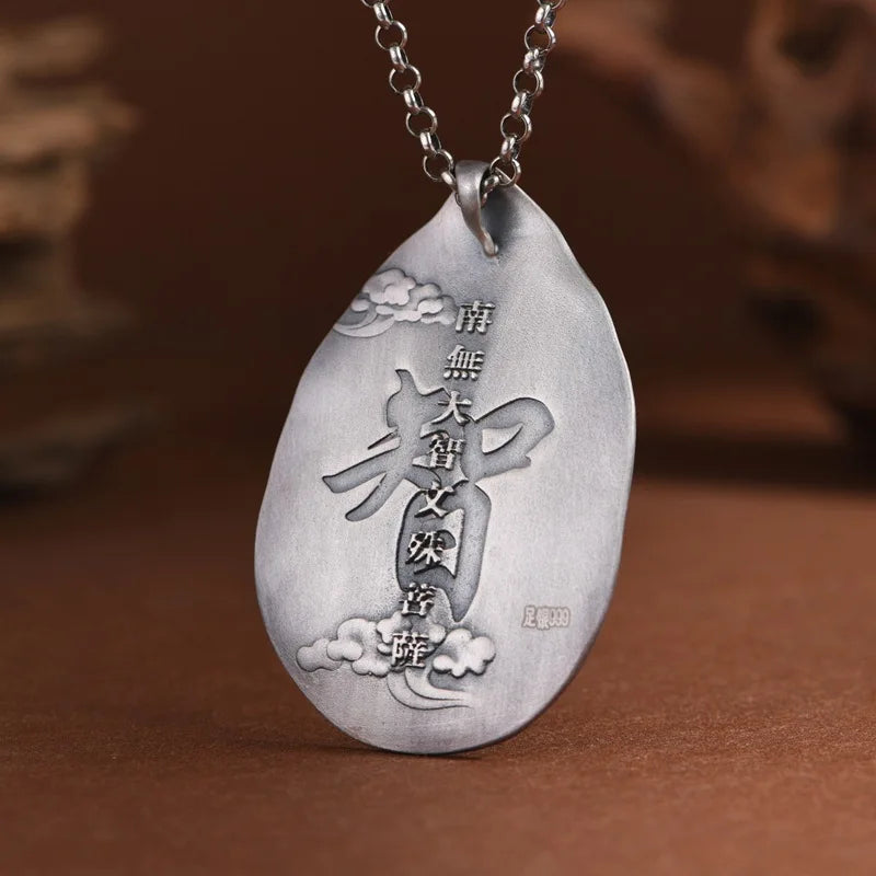 new 990 Silver Retro Wisdom Manjusri Buddha Pendant Lucky Talisman for Men and Women