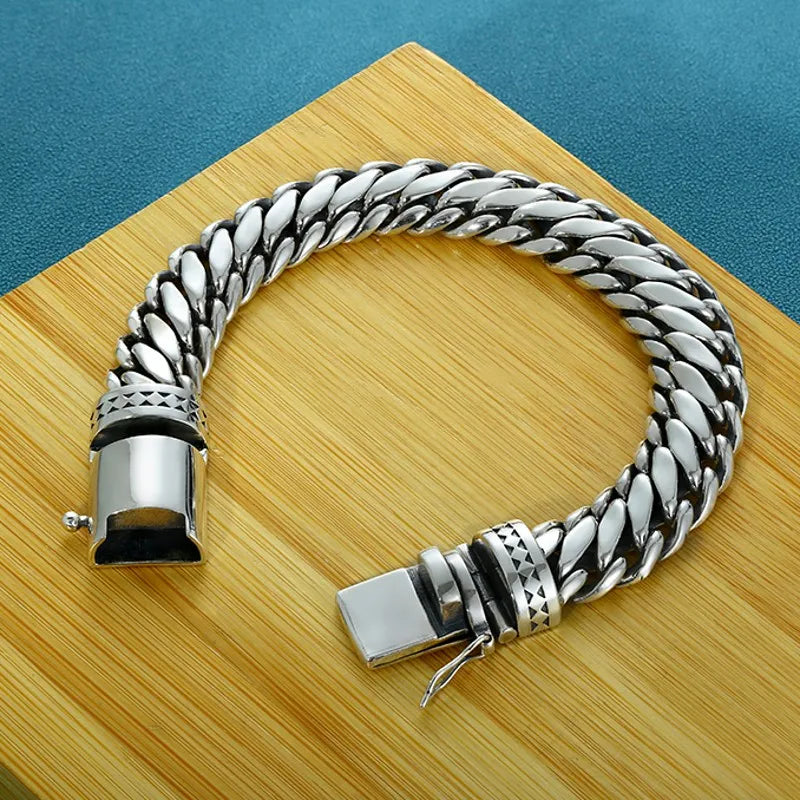 BOCAI New S925 Silver Domineering Bold Style Half Round Pattern Bolt Lock Men's Bracelet Personalized Trend Punk Hip-Hop Jewelry