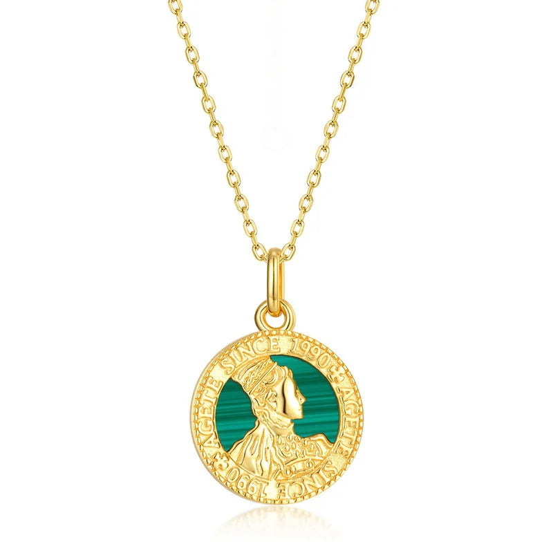 New Antique Coin Portrait Necklace for Women, Vintage Turquoise 18K Gold PT950 Platinum Silver Plated 7-layer Gold Pendant