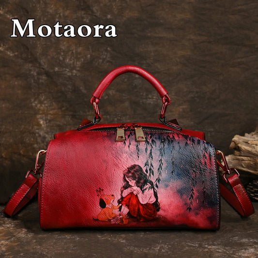 MOTAORA Vintage Women Luxury Leather Handbag For Female Bag Luxury Designer Hand Drawn Cartoon Pattern Ladies Shoulder Bags 2025