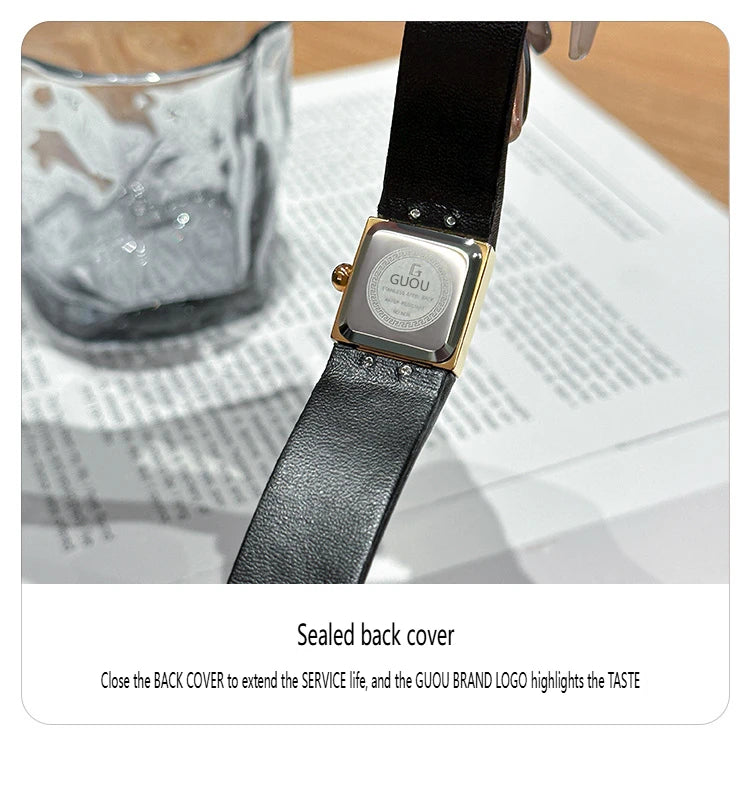 Guou Women Quartz Watch Luxury Clock Fashion Vintage Orologio Retro Classic Black Gold Square Reloj Ladies Leather Wrist Watches