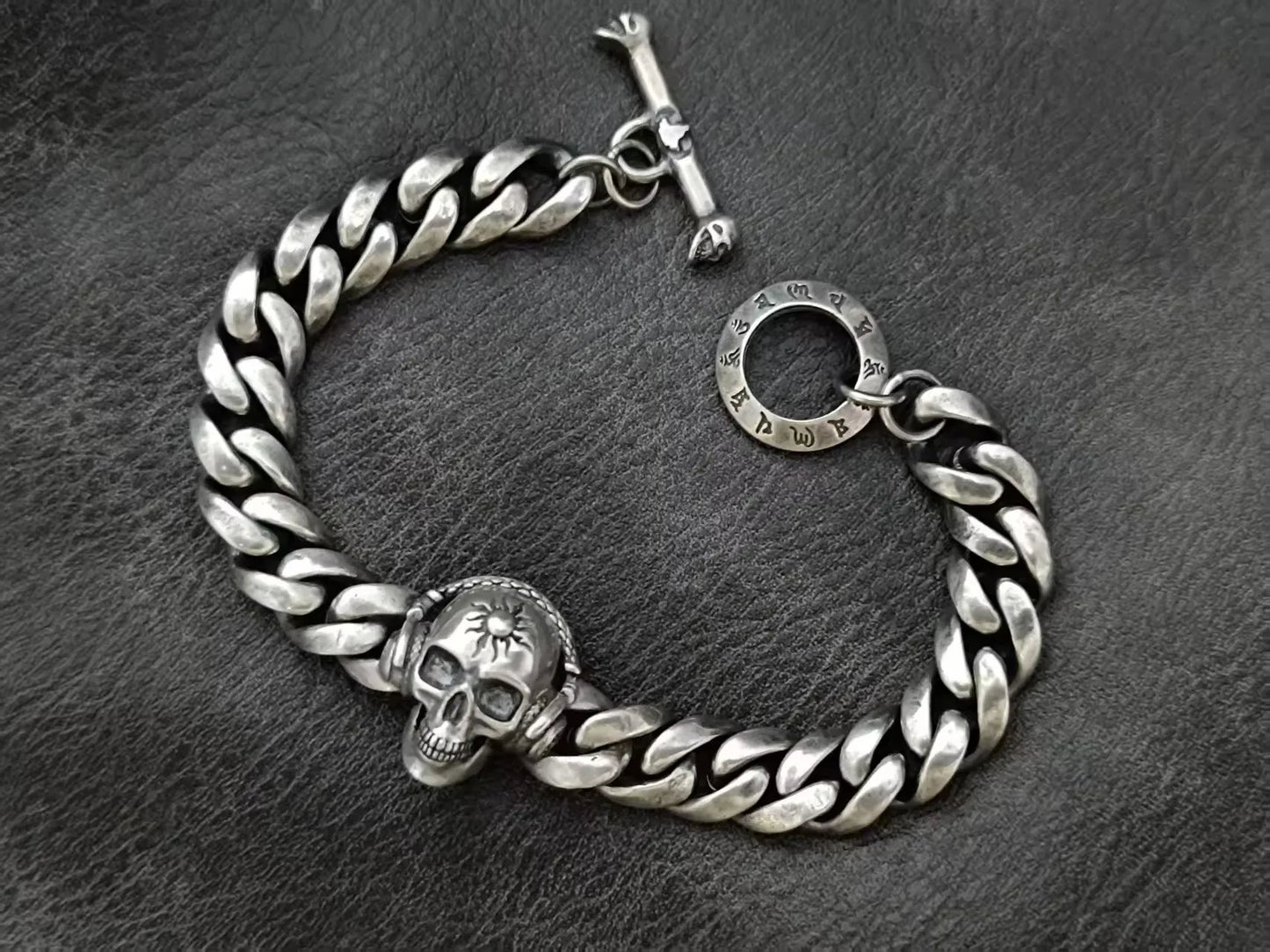 BOCAI Retro Style S925 Sterling Silver with Pattern Trendy Personalized Skull Bracelet for Men