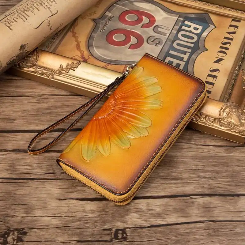 MOTAORA Women's Leather Wallet Handmade Cowhide Clutch Purse Long Zipper Card Holder Retro Painting First Layer Genuine bag