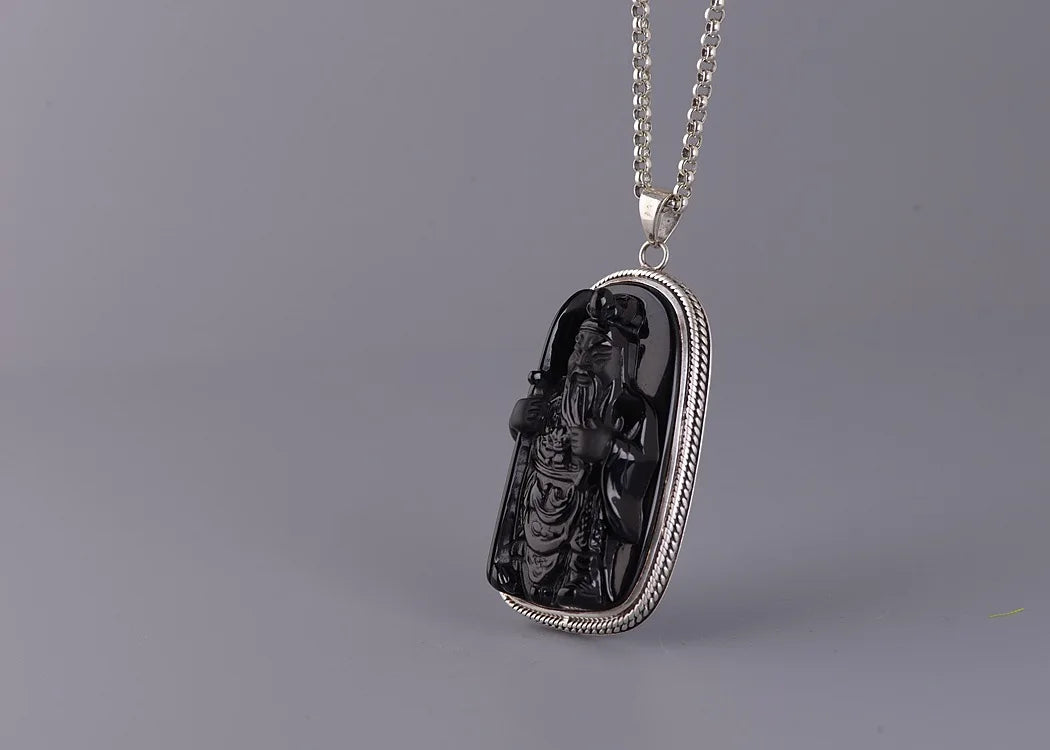 General Guan Gong Pendant Necklace Obsidian, S925 Silver Ethnic Vintage Inlaid Jewelry